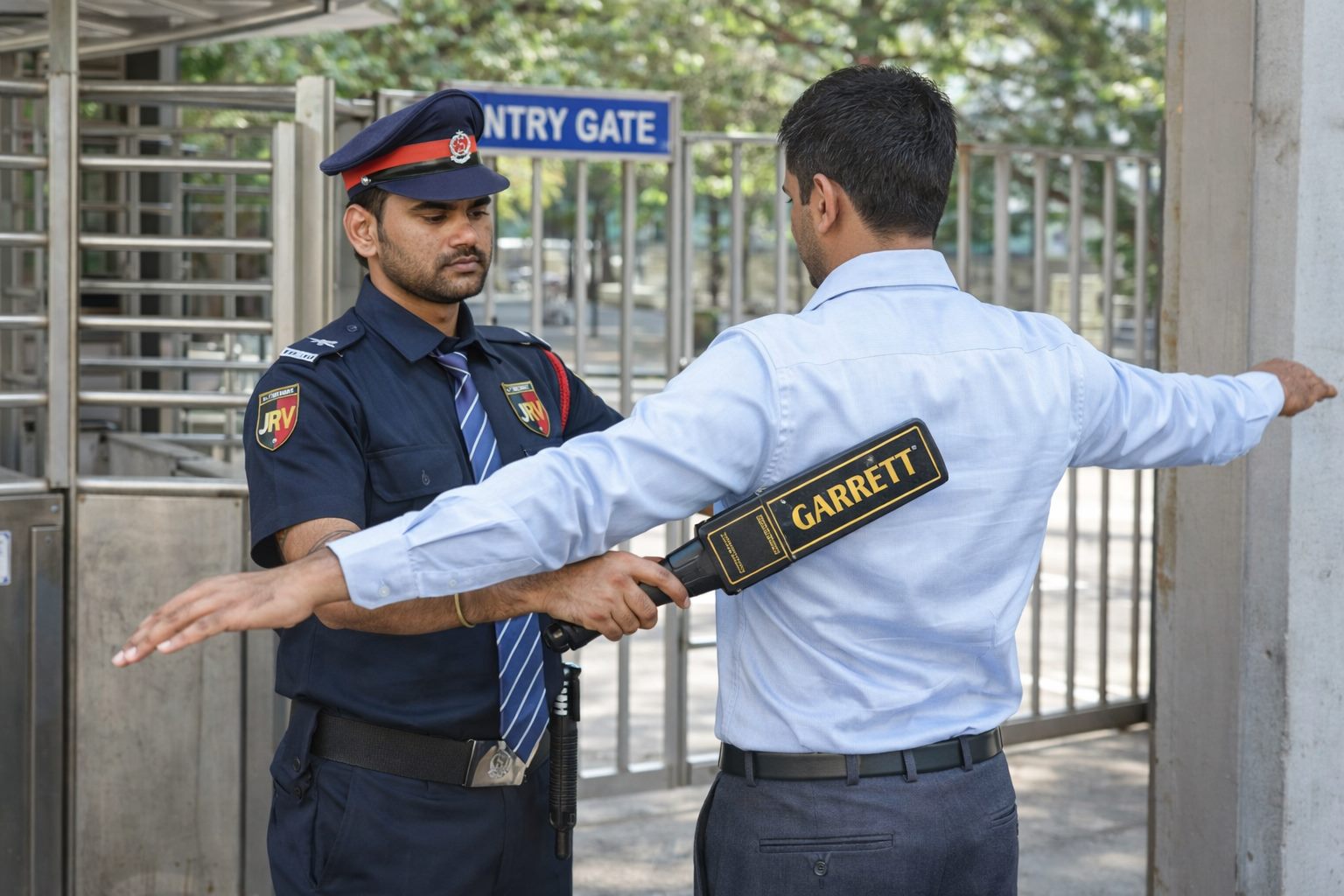 Security guard screening a visitor with a handheld detector