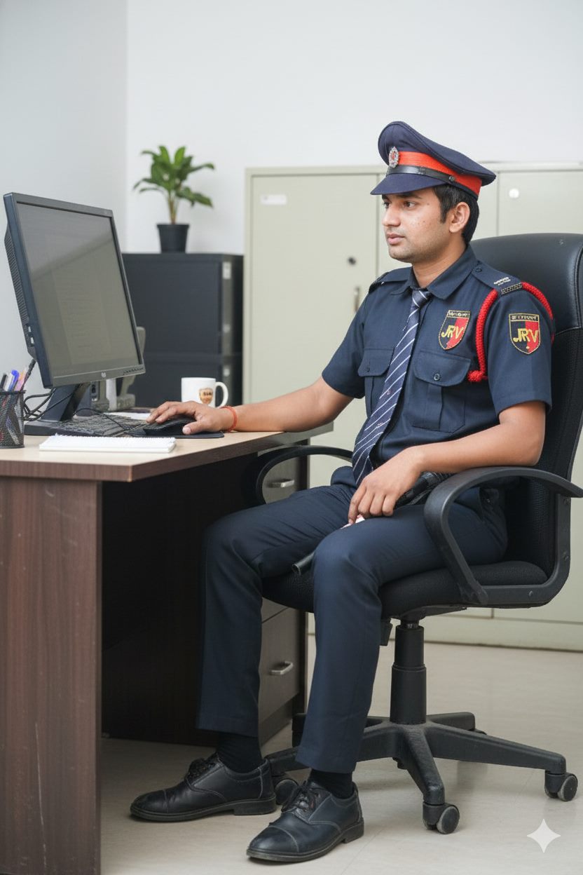 JRV security guard monitoring operations from a desk
