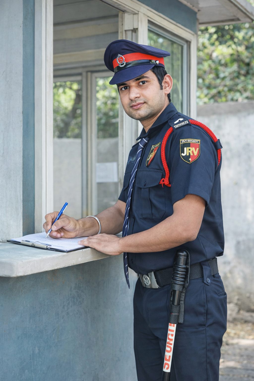 JRV security guard maintaining an entry register at a client site