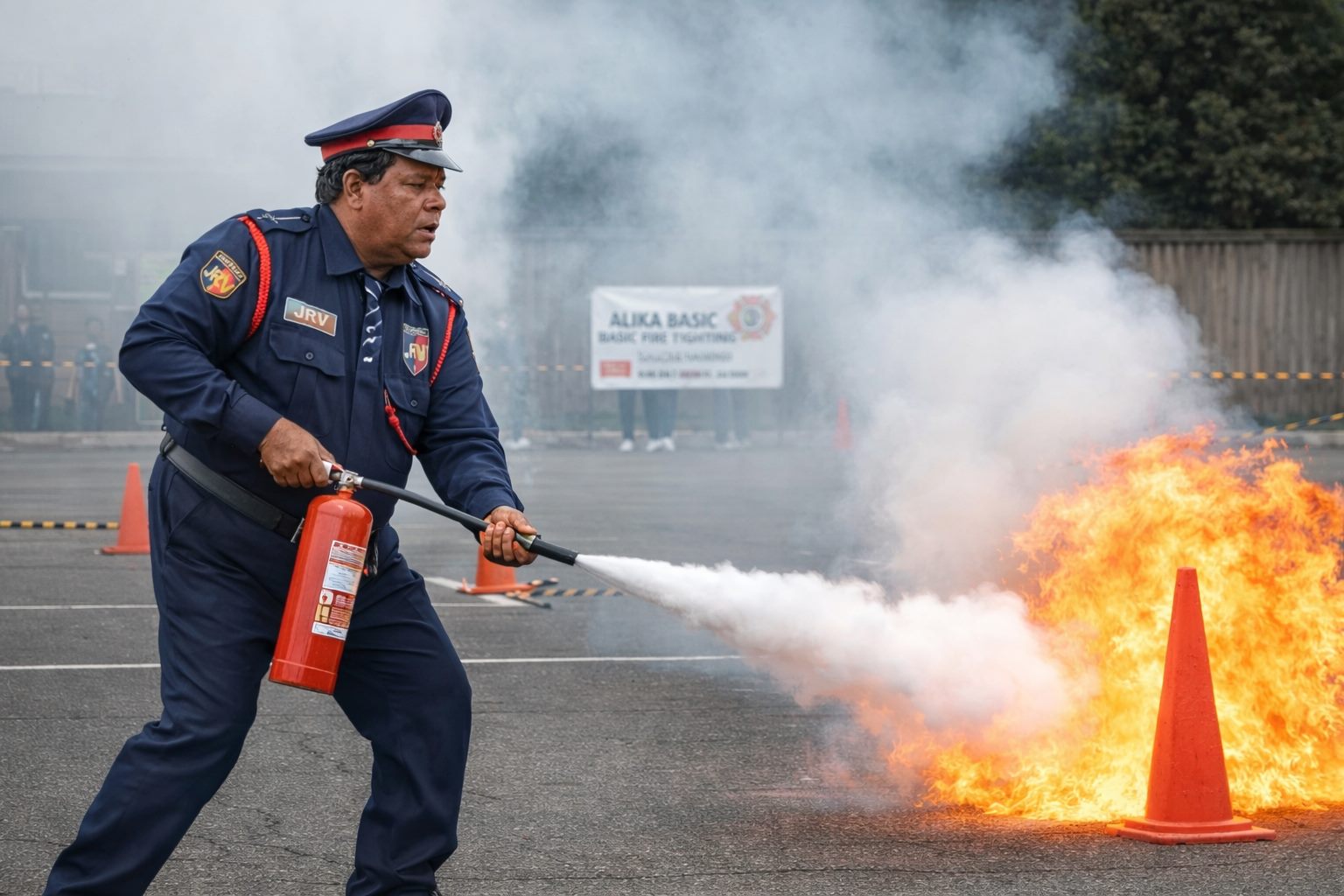 JRV security guard demonstrating fire safety response