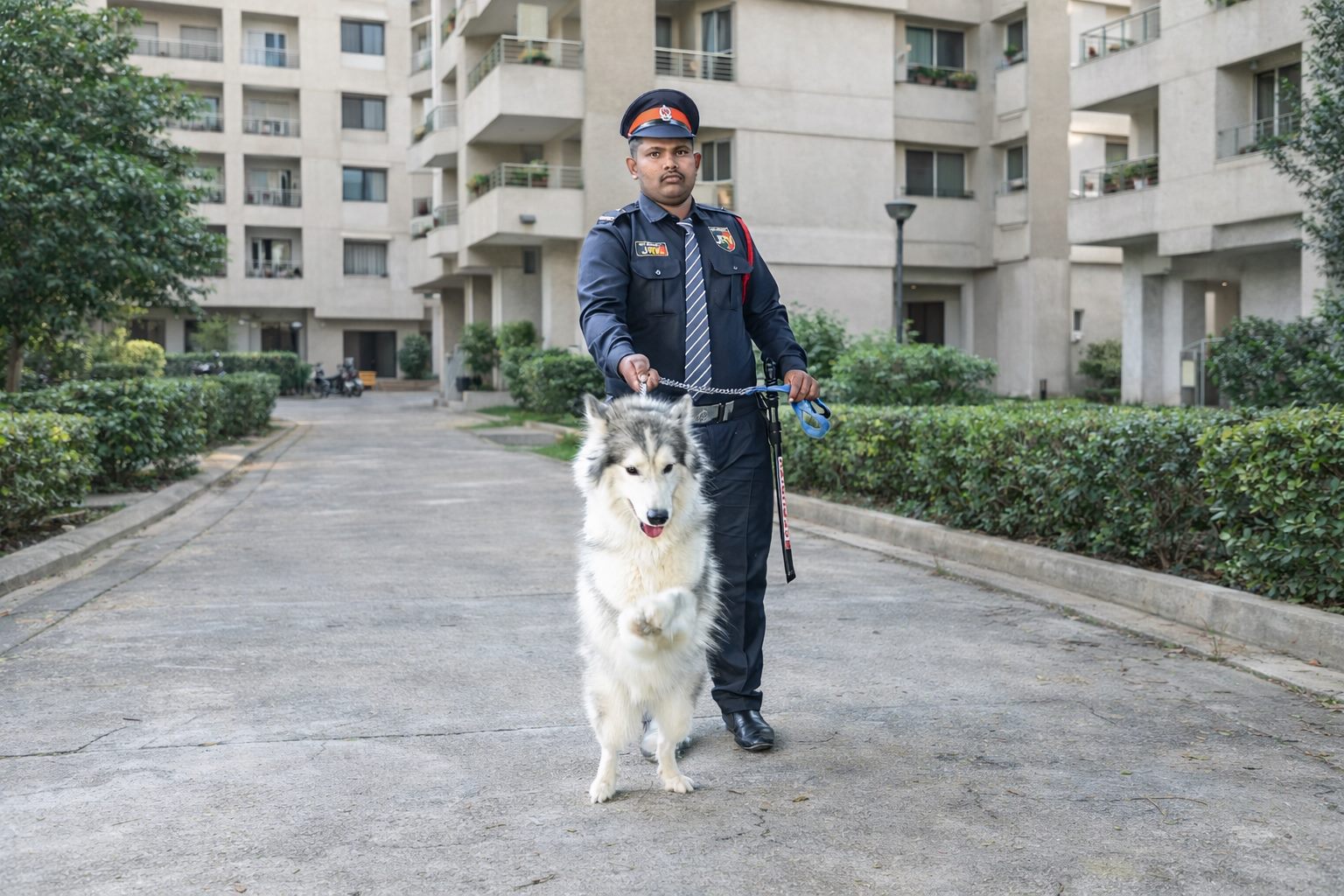 JRV security guard conducting a residential patrol with a trained dog