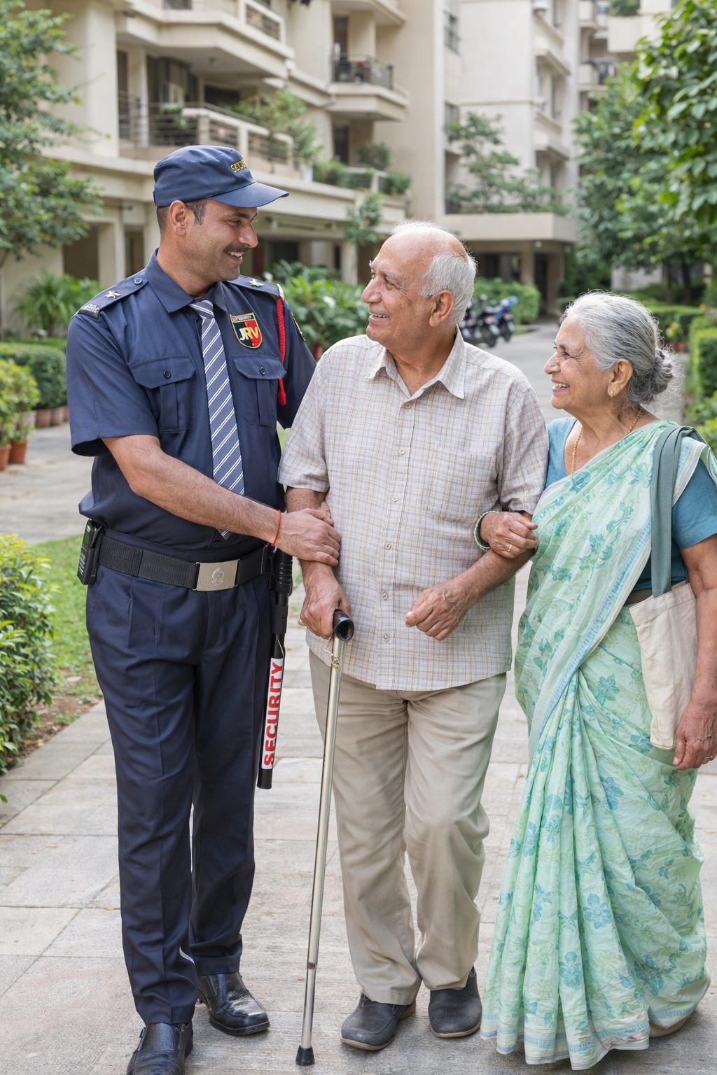 Security guard assisting senior residents